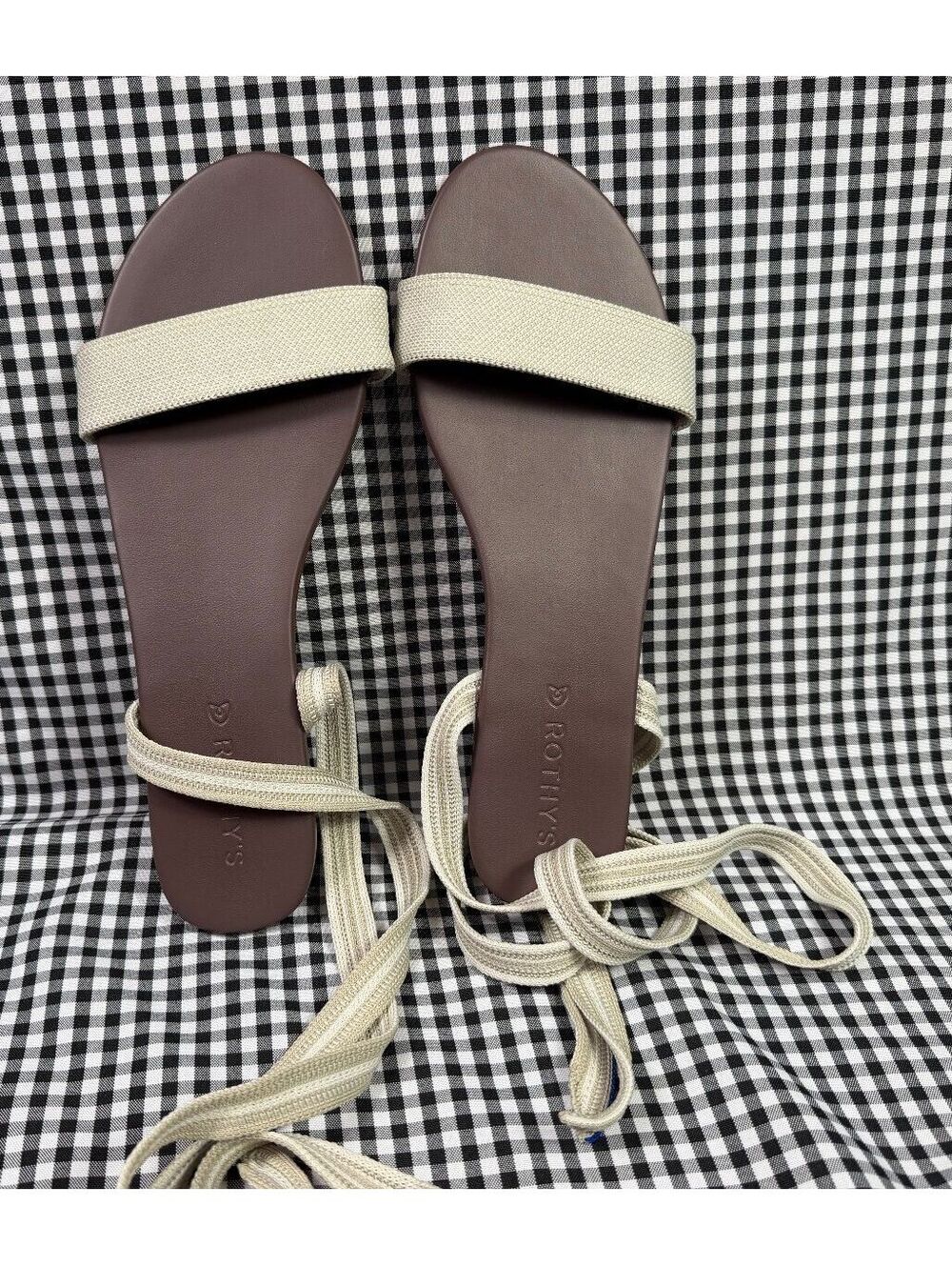 Rothy's Wrap Sandals Womens Size 11 Sandcastle Beige Knit Ankle Tie Flat Shoes